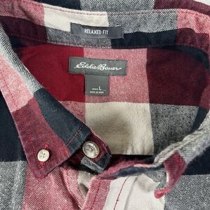 Eddie‎ Bauer Men's Flannel  Red Black Plaid Shirt L Long Sleeve Fall